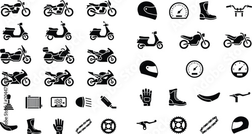 Konstfotografi Motorcycle silhouette icons set featuring bikes, helmets, riding gear and mechan