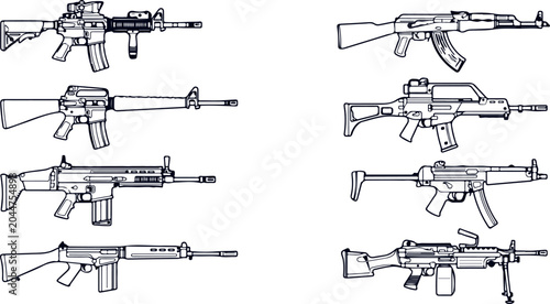 Tableau sur toile Set of various assault rifles and firearms, weapon icons and symbols on transparent background