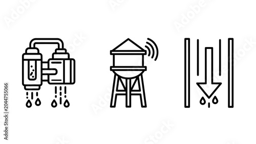 Set of water utilities icons including filtration system tower and flow direction with filtration direction plumbing infrastructure industry treatment environment purification resource