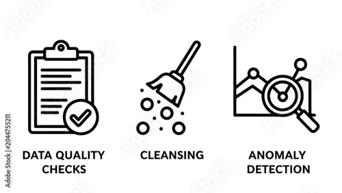 Data quality and health maintenance icons featuring data checks cleaning processes and anomaly detection analytics tools cleansing detection analytics maintenance cleaning validation statistics