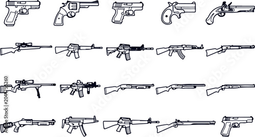 Принти на полотні Collection of firearm outlines vector set on transparent background handgun pistol rifle and shotgun