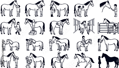 Bild auf Leinwand Line art horse and rider illustrations depicting equestrian activities and farm life