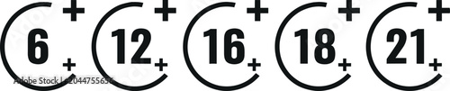 Foto Black age restriction icons, content rating symbols, parental guidance signs, movie classification indicators, gaming age limit graphics, maturity level labels, legal age requirement  design