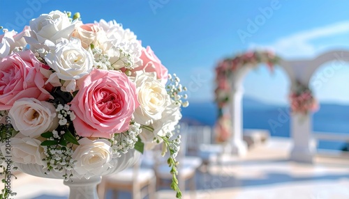 Elegant floral arrangement and wedding arch overlooking blue ocean