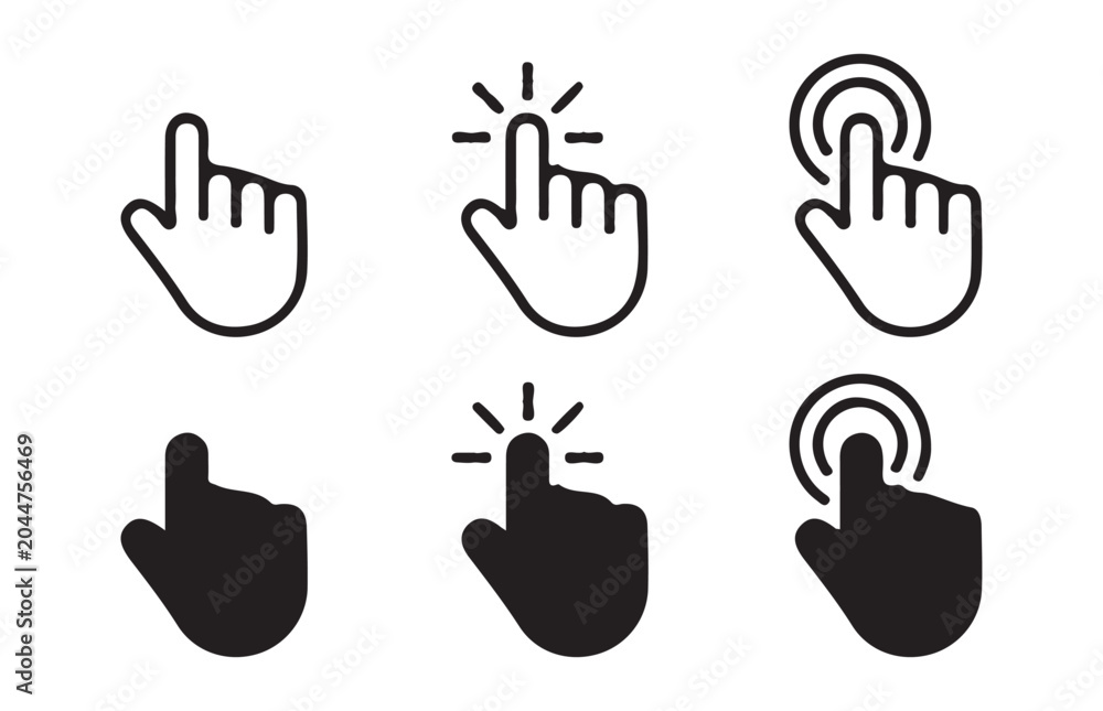 Fototapeta premium Hand cursor pointer and finger clicking icons on transparent background vector set.