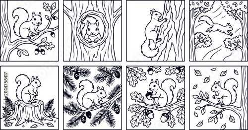 Canvas Print Squirrels in forest setting acorns on branches and in tree hollows playful wild animals natural habitat illustration
