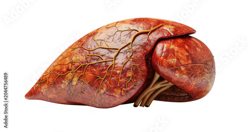 High-detail illustration of a human liver showing vascular structure and texture, set against a dark background, ideal for medical, healthcare, and educational use, cut-out