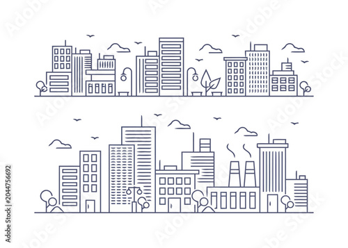 City skyline illustration, minimal line art of buildings and clouds