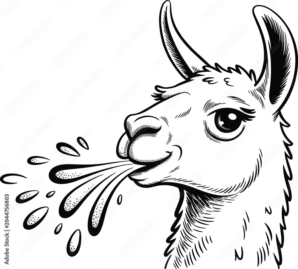 Fototapeta premium A llama spitting water droplets from its mouth in a humorous illustration