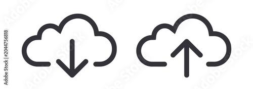 Cloud download and upload icons, simple line art