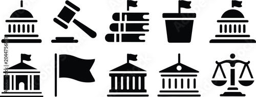 Photos Government and law icon set featuring capitol building judge gavel justice scale