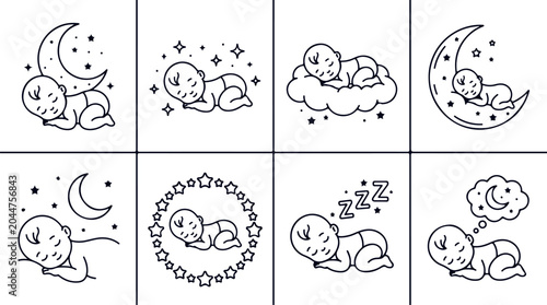 Принти на полотні Dreamy baby sleeping on moon cloud stars icons peaceful night rest slumber symbols baby night symbols
