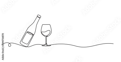 Animated self drawing of continuous line draw of  Bottle of wine with wineglass . Full length one line animation. 4K, Self-drawing of a bottle of wine and a groan of grapes in one line on a white back