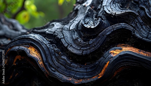 Twisted Charred Tree Trunk with Orange Cracks in Forest Close Up