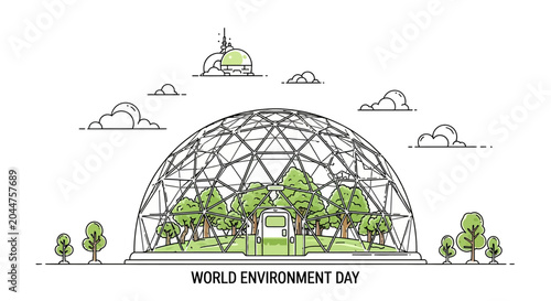 Fotografía Geodesic dome greenhouse with trees and plants, World Environment Day concept
