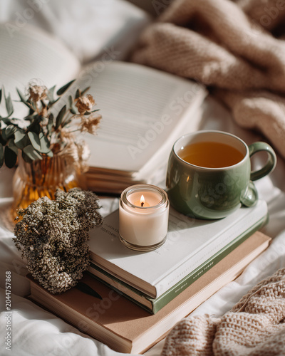 Cozy reading corner with warm tea candle and open books on soft blanket.