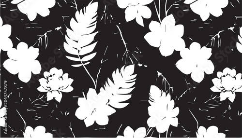 Photos Seamless Tropical Leaf Pattern, Black and White Silhouette Botanical Vector Back