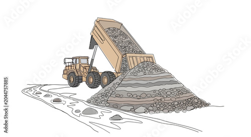 Tableau sur toile Heavy Duty Dump Truck Unloading Gravel Pile on Construction Site