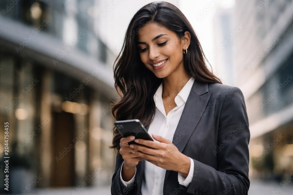 Fototapeta premium Professional woman using smartphone outdoors.