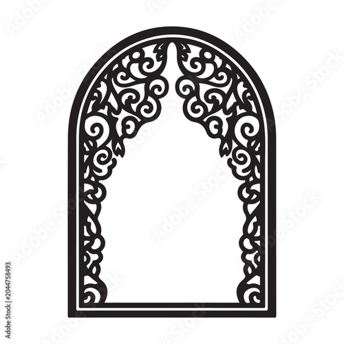 Ornamental arch frame with intricate floral scrollwork and filigree patterns black silhouette vector for laser cutting and decorative borders