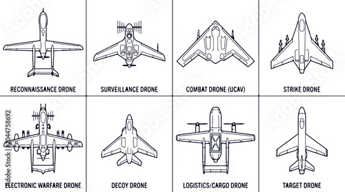 Foto Set of eight drone illustrations top view reconnaissance surveillance combat strike electronic warfare decoy logistics