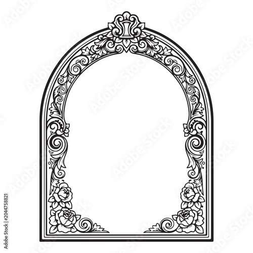 Arched floral frame with rose patterns and ornate filigree scrollwork vector illustration for decorative border and invitation design