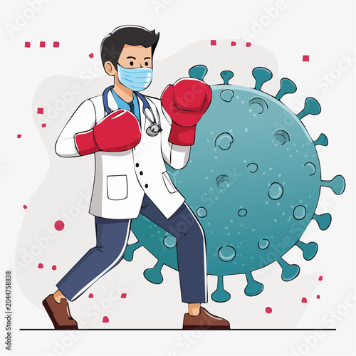 Doctor in mask and boxing gloves fighting a virus