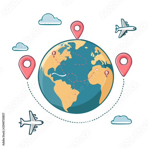 Earth with travel routes, airplanes, and location pins