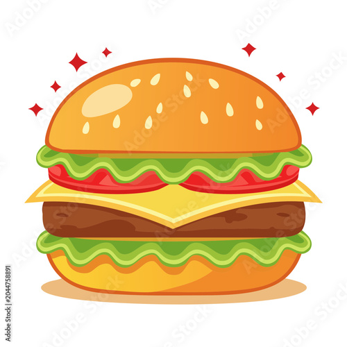 Flat design illustration of a delicious burger with lettuce, tomato,