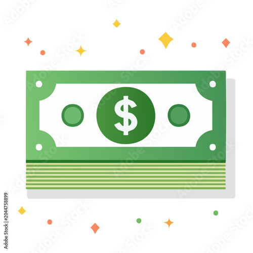 Flat design illustration of a stack of US dollar bills with a dollar