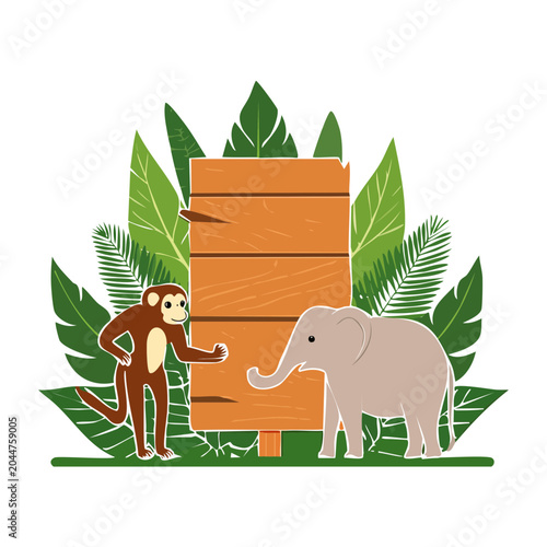 Monkey and Elephant with Wooden Sign in Jungle
