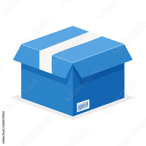 Open blue cardboard box with barcode, flat design isometric