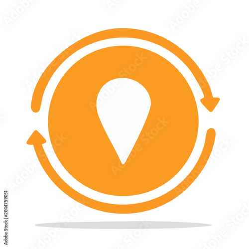 Orange location pin icon with circular arrows on white background