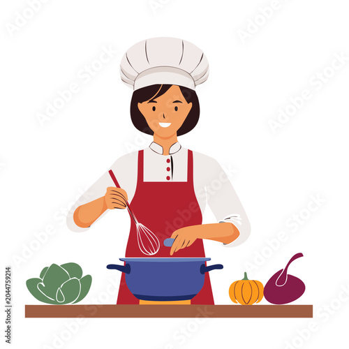 Woman chef in uniform cooking with whisk and pot