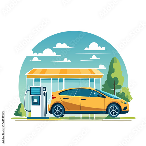 Yellow electric car charging at a station