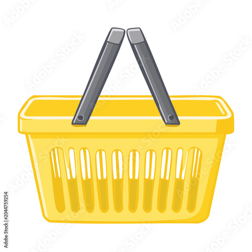 Yellow shopping basket with gray handles, flat design