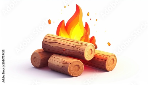 Vibrant bonfire with glowing embers and stacked logs on a clean white background