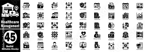 Healthcare management icons. Featuring solid medical symbols for hospital operations, finance, diagnostics, and digital health.