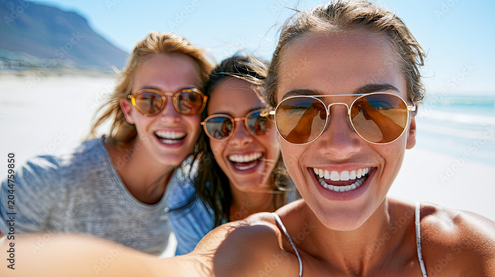 Fototapeta premium Friends enjoying a sunny beach day with laughter and joy at a stunning seaside location