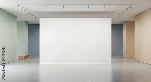 Empty art gallery interior with a large blank white wall for exhibition, modern minimalist hall with colorful walls and track lighting, 3d rendering