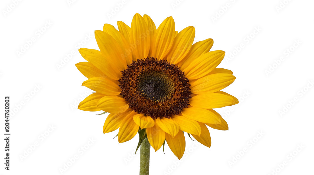 Fototapeta premium Single bright yellow sunflower blossom captured in natural light isolated on transparent background png.