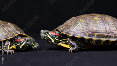 Two small turtles with intricate patterns on a black background