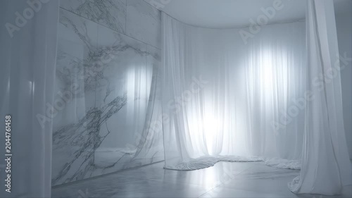 Room Interior with Sheer Fabric Curtains, Soft Light Beams, Minimal Luxury Fashion Showroom Atmosphere and Elegant Modern Design