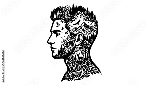 Foto Human profile merged with nature silhouette black and white environmental vector