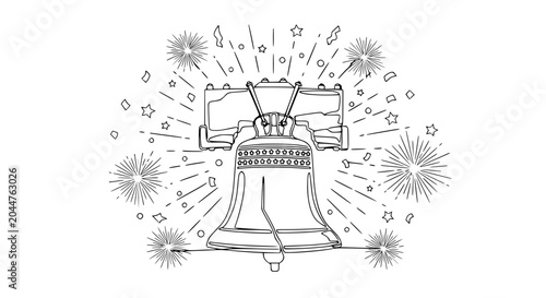 Fotografie Liberty Bell Outline with Fireworks, Independence Day Celebration Illustration