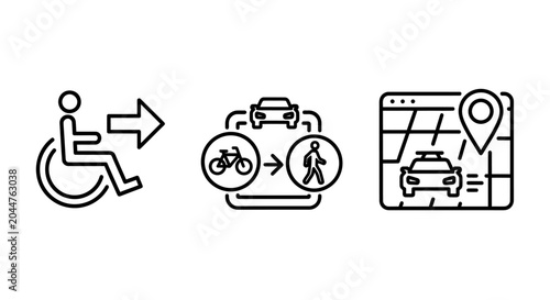 Set of urban accessibility and transport icons illustrating wheelchair access multimodal commute and navigation with accessibility transport navigation wheelchair location mobility inclusive