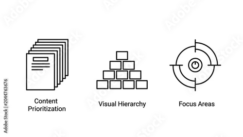 Business process icons set: content prioritization visual hierarchy focus areas with prioritization hierarchy business strategy planning management workflow organization optimization analysis