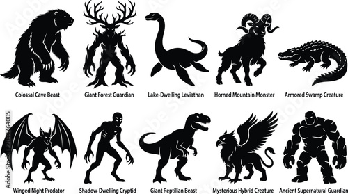Bilde på lerret Mythical creature silhouette icons fantasy beast vector set