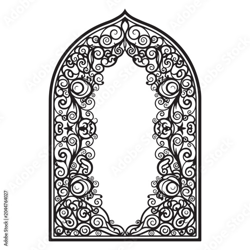 Ornate arched frame with intricate floral swirls and filigree patterns black and white vector illustration for decorative borders and invitations