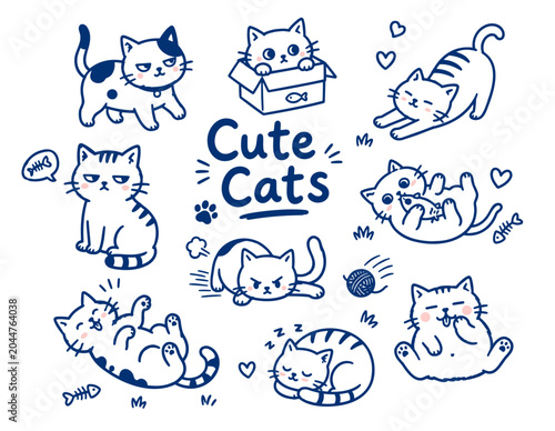 Cute Cats Different Poses Set. in Naive Blue Sketch Pattern Vector Style. Cute Hand Drawn Feline Doodle Collectio
